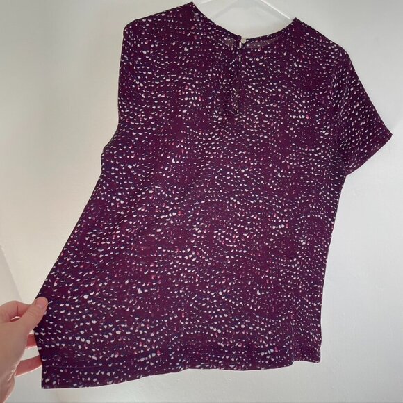 RENEE C. STITCH FIX Plum Purple Cream Navy Printed Short Sleeve Work Blouse Top - Picture 10 of 12